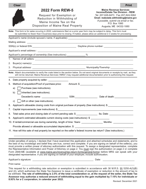 Form REW-5 Request for Exemption or Reduction in Withholding of Maine Income Tax on the Disposition of Maine Real Property - Maine, 2022