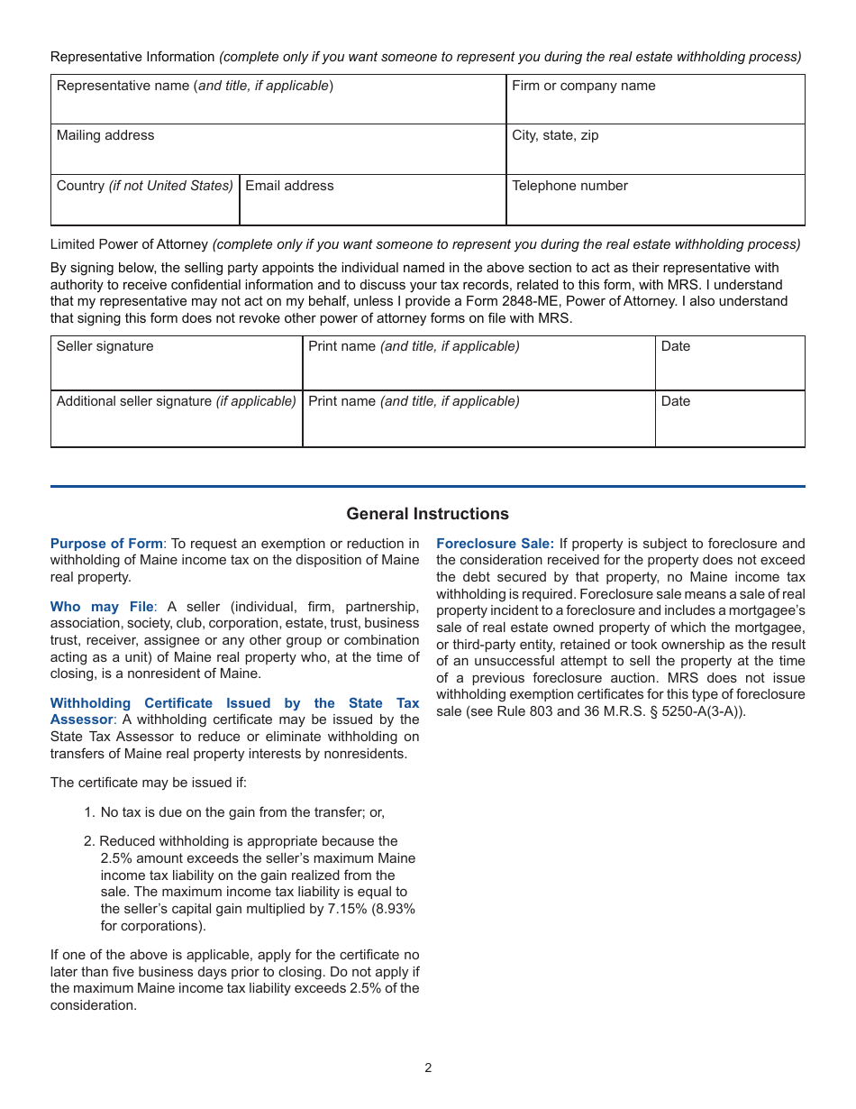 Form REW-5 Request for Exemption or Reduction in Withholding of Maine Income Tax on the Disposition of Maine Real Property - Maine, Page 2