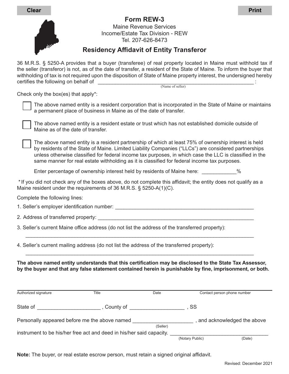Form REW-3 Residency Affidavit of Entity Transferor - Maine, Page 1