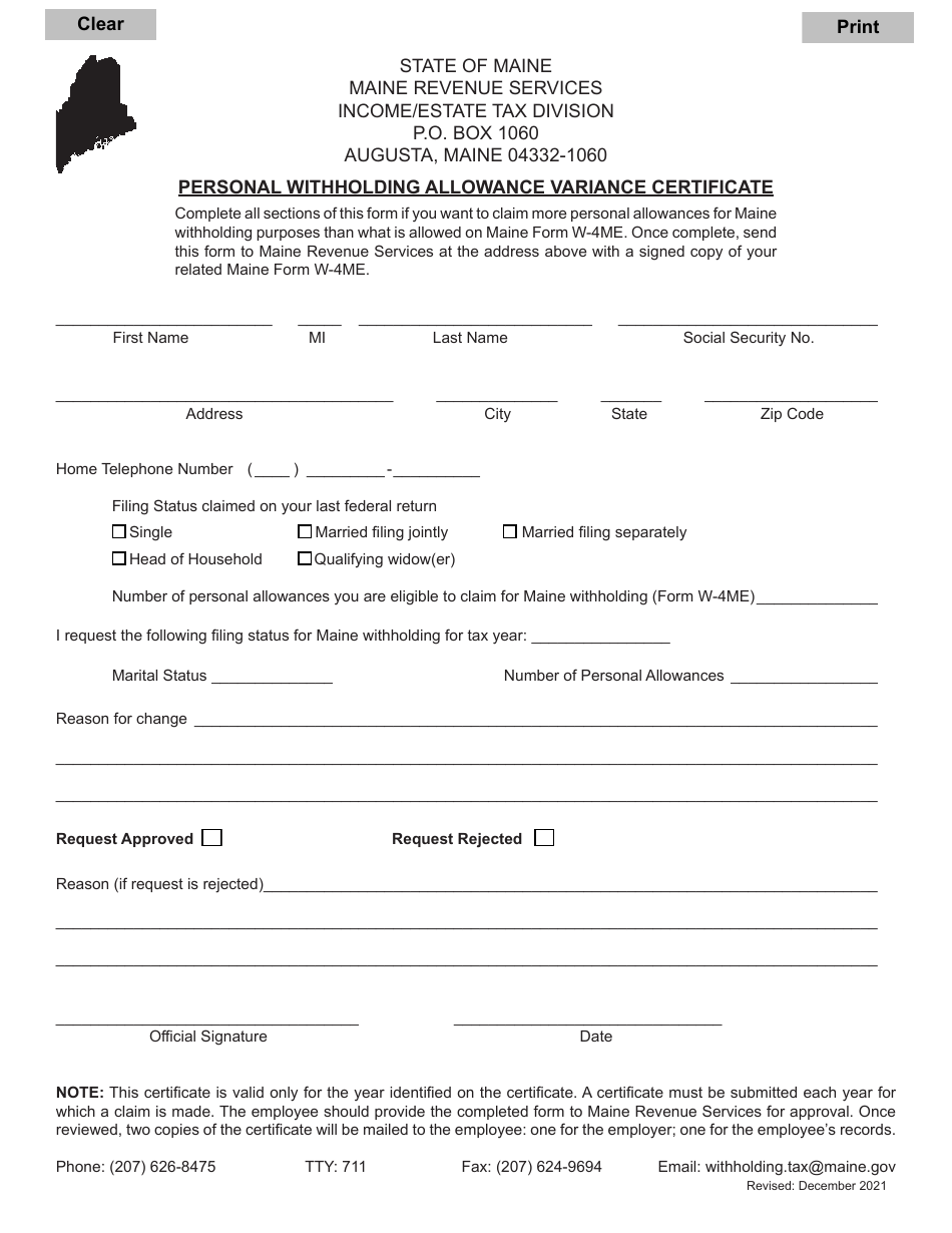 Personal Withholding Allowance Variance Certificate - Maine, Page 1