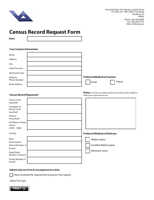 Document preview: Census Record Request Form - Kentucky