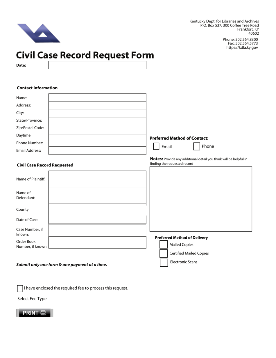Civil Case Record Request Form - Kentucky, Page 1