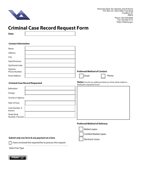 Criminal Case Record Request Form - Kentucky Download Pdf