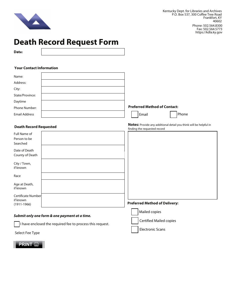 Death Record Request Form - Kentucky, Page 1