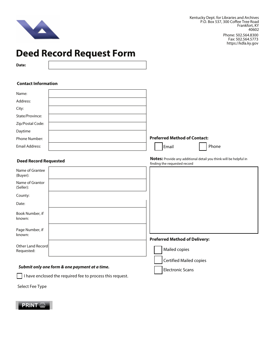 Deed Record Request Form - Kentucky, Page 1