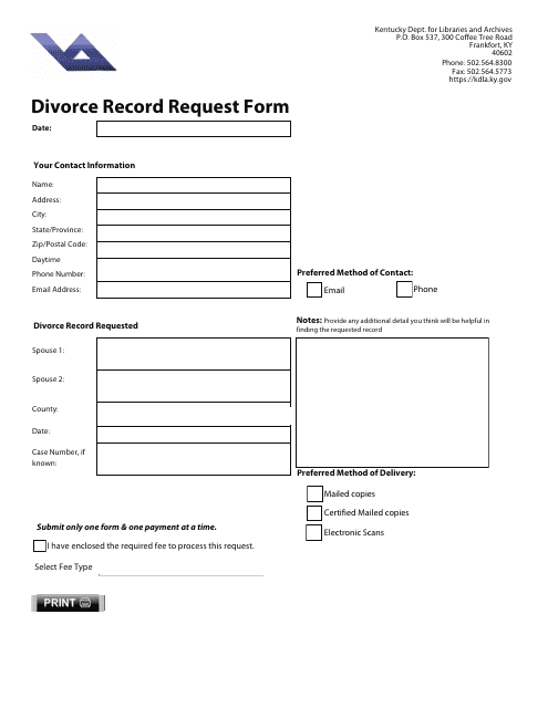 Divorce Record Request Form - Kentucky
