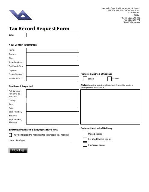 Tax Record Request Form - Kentucky Download Pdf