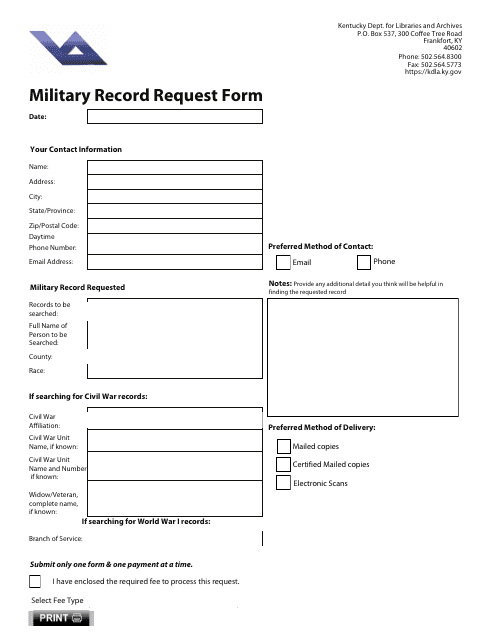 Military Record Request Form - Kentucky Download Pdf