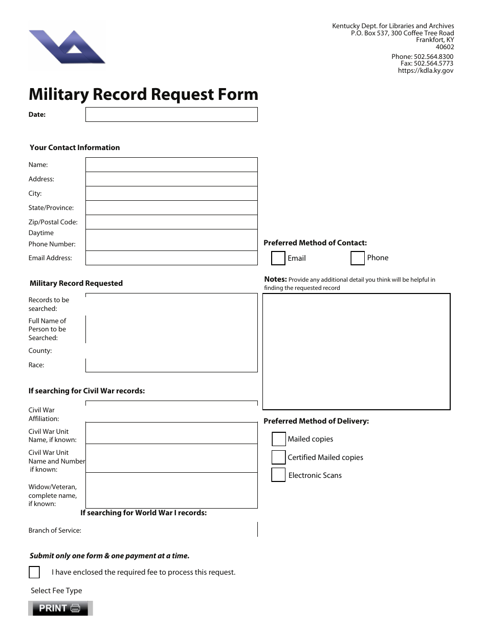 Military Record Request Form - Kentucky, Page 1