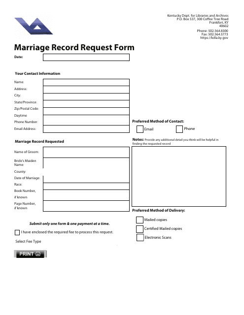 Marriage Record Request Form - Kentucky Download Pdf