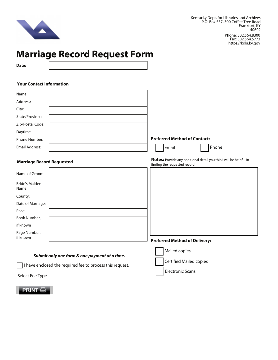 Marriage Record Request Form - Kentucky, Page 1