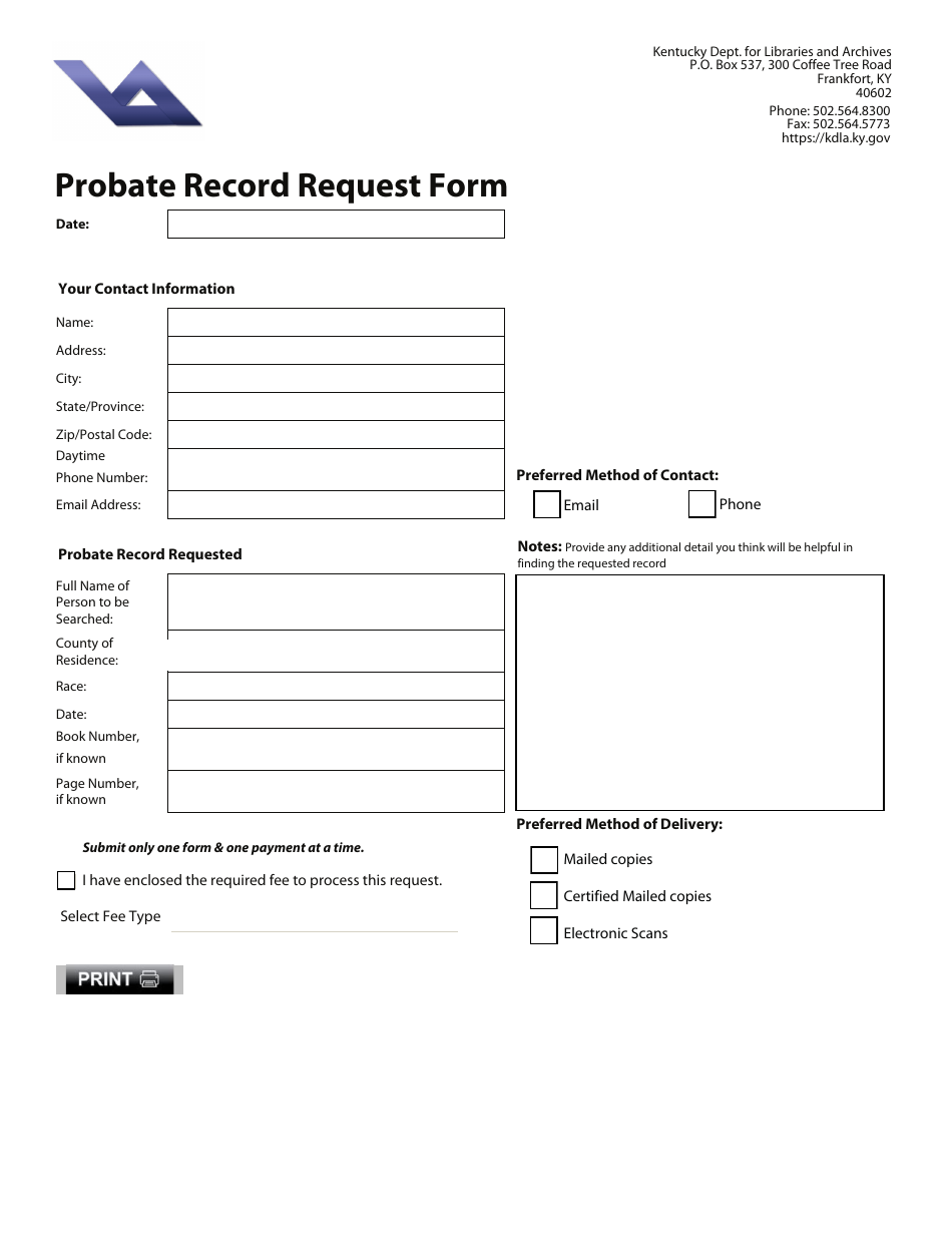Probate Record Request Form - Kentucky, Page 1