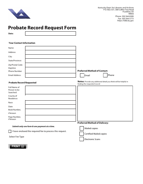 Probate Record Request Form - Kentucky