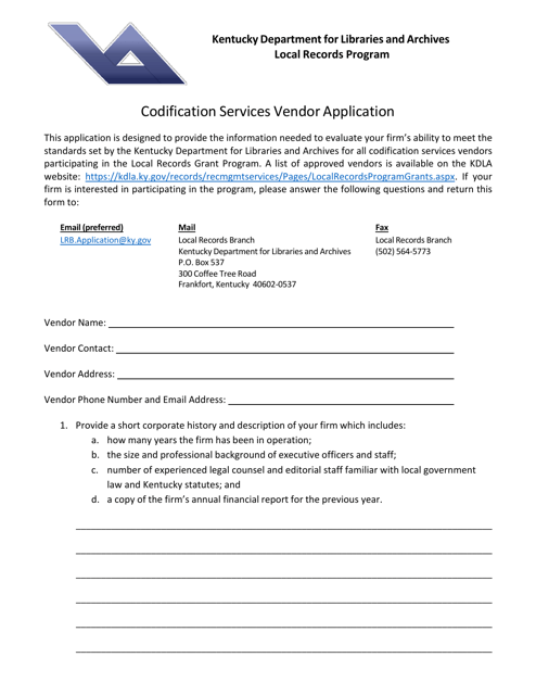 Codification Services Vendor Application - Local Records Program - Kentucky Download Pdf