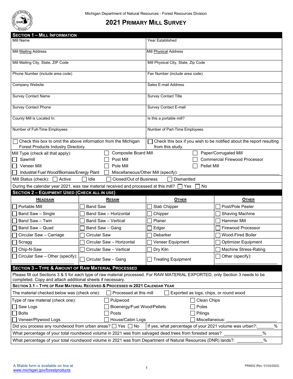 Form PR4002 Primary Mill Survey - Michigan, Page 1