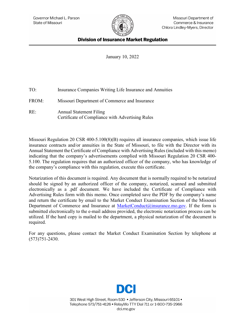 Certificate of Compliance With Advertising Rules - Missouri, Page 1