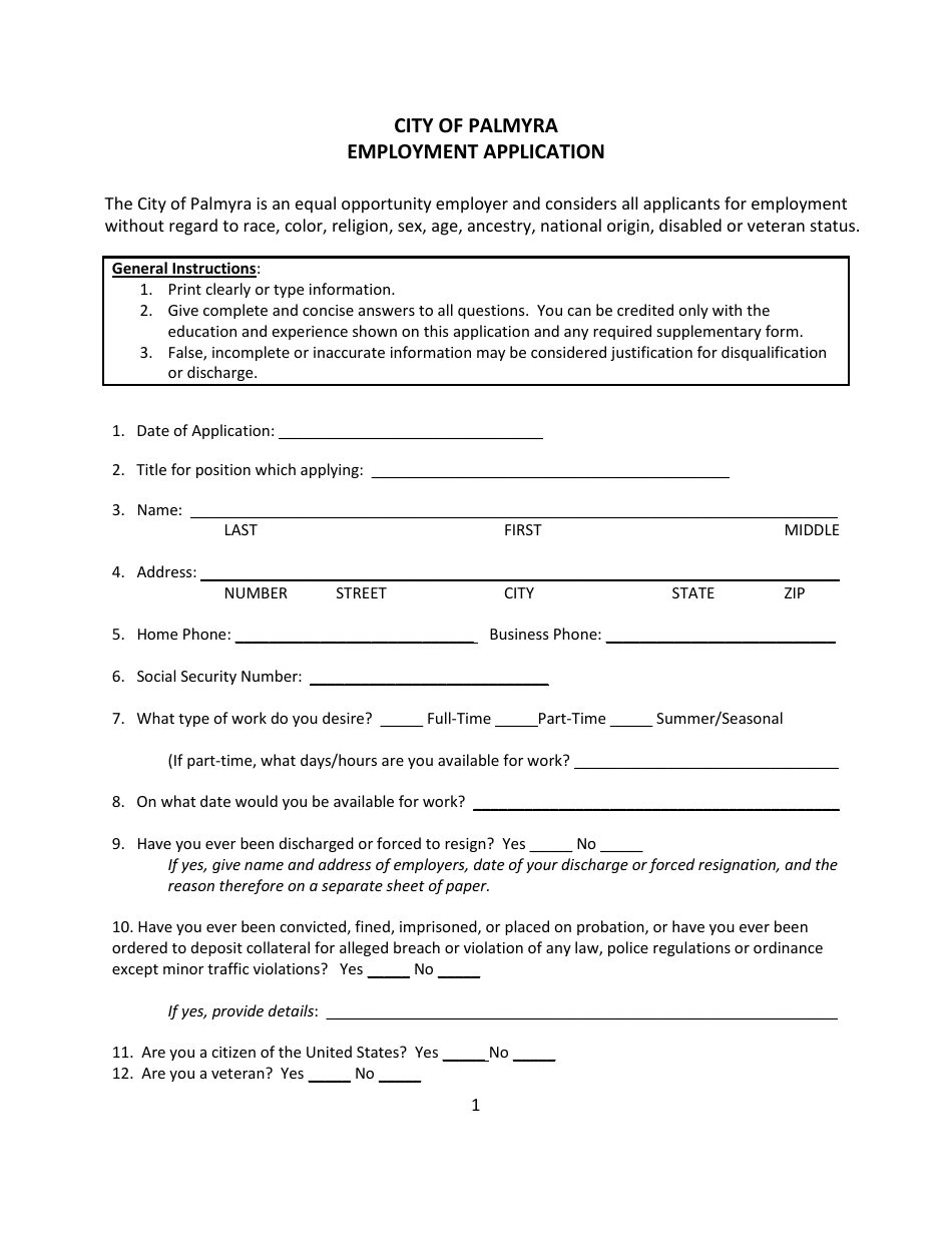 Employment Application - City of Palmyra, Missouri, Page 1