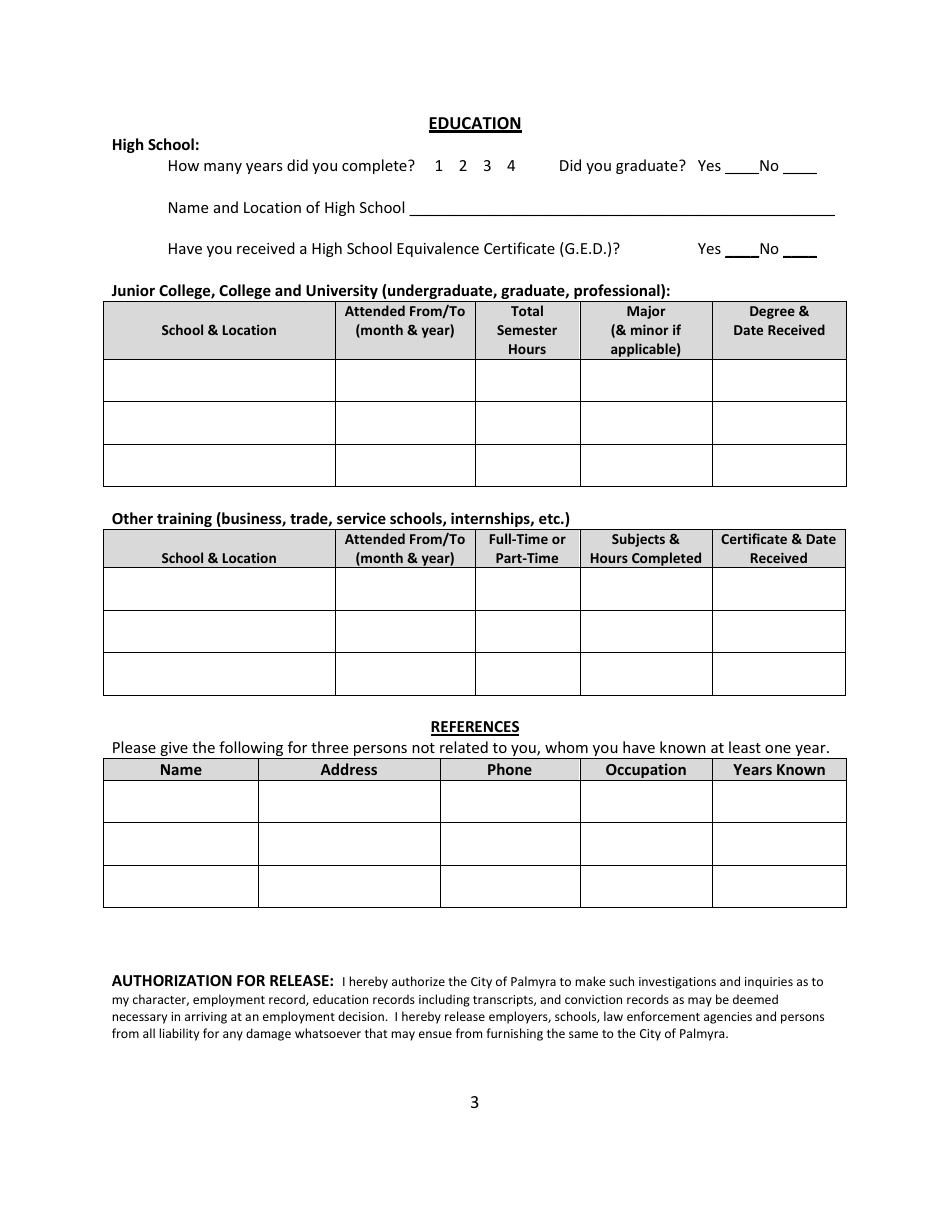 Employment Application - City of Palmyra, Missouri, Page 3