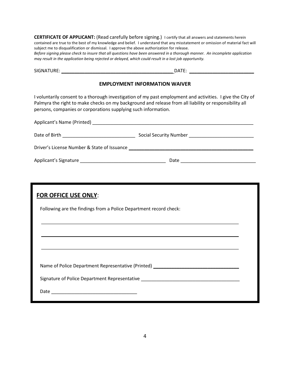 Employment Application - City of Palmyra, Missouri, Page 4