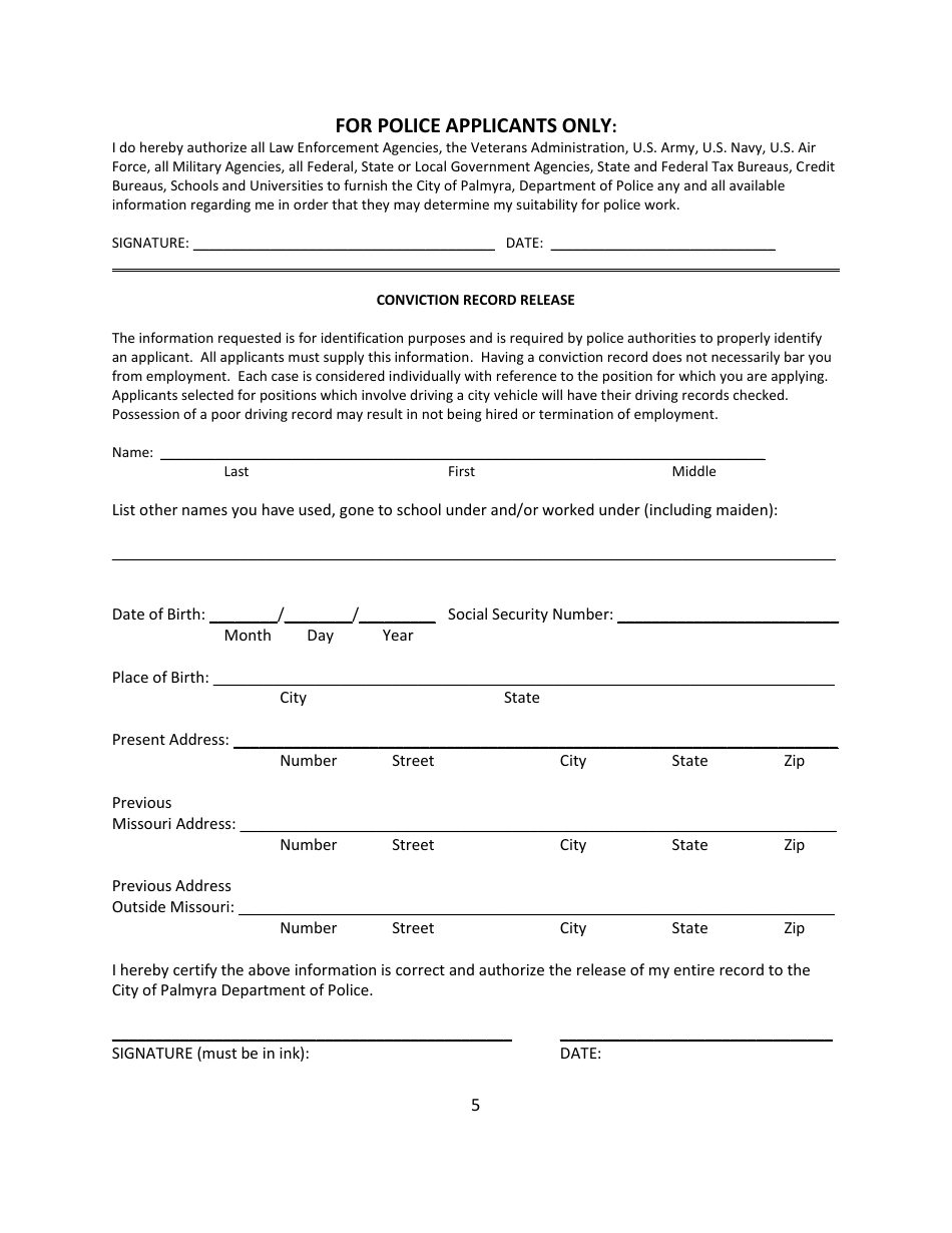 Employment Application - City of Palmyra, Missouri, Page 5