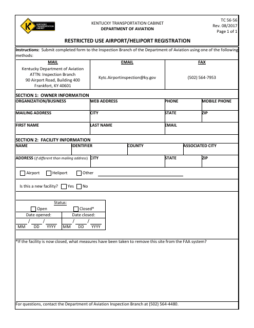 Form TC56-56 Restricted Use Airport/Heliport Registration - Kentucky