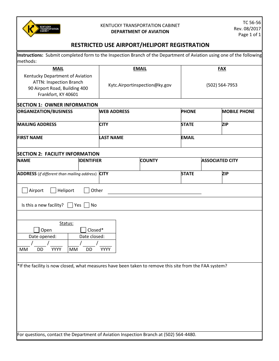 Form TC56-56 Restricted Use Airport / Heliport Registration - Kentucky, Page 1