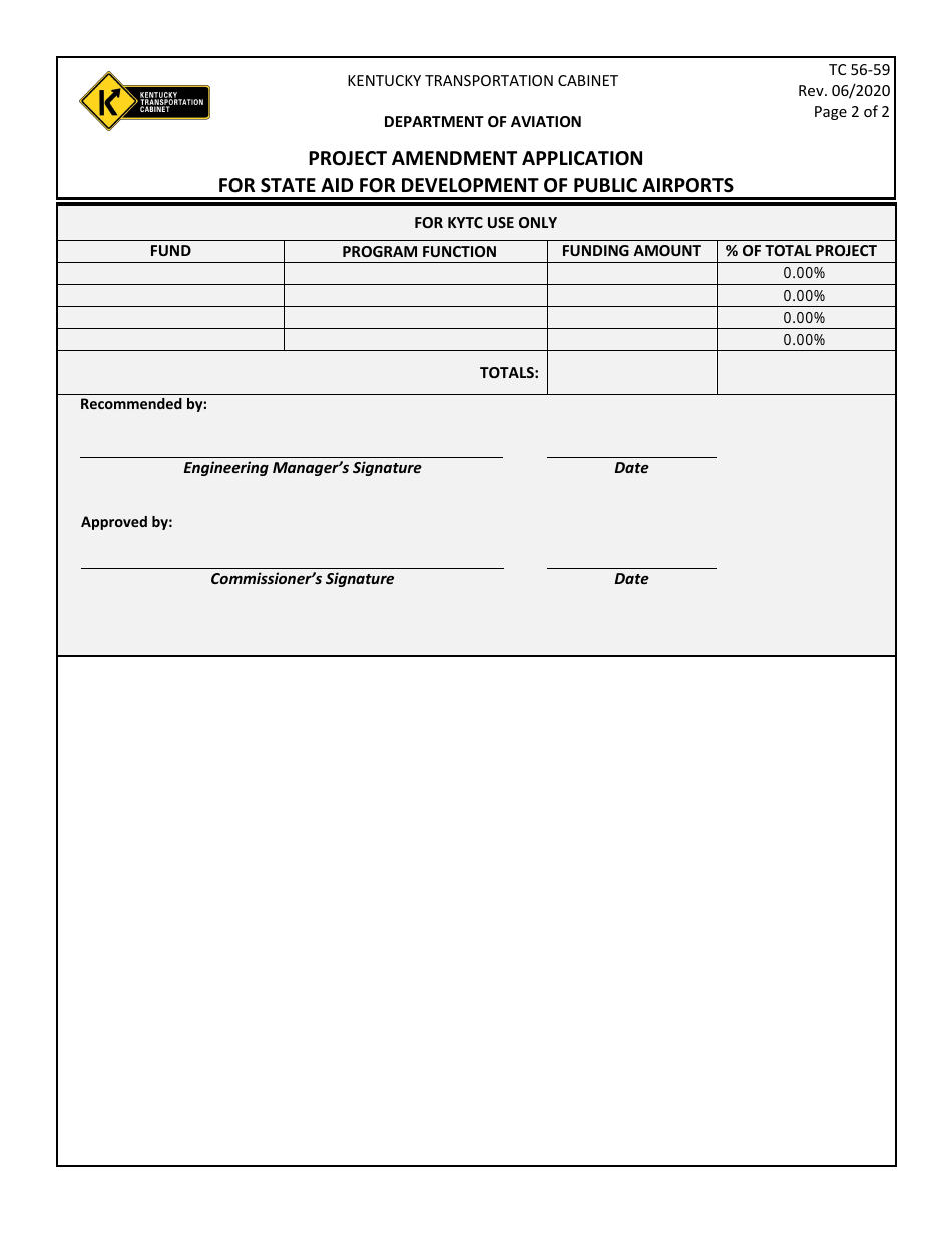Form TC56-59 Project Amendment Application for State Aid for Development of Public Airports - Kentucky, Page 2