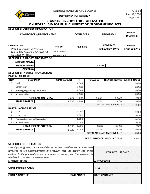 Form TC56-54 Standard Invoice for State Match on Federal Aid for Public Airport Development Projects - Kentucky