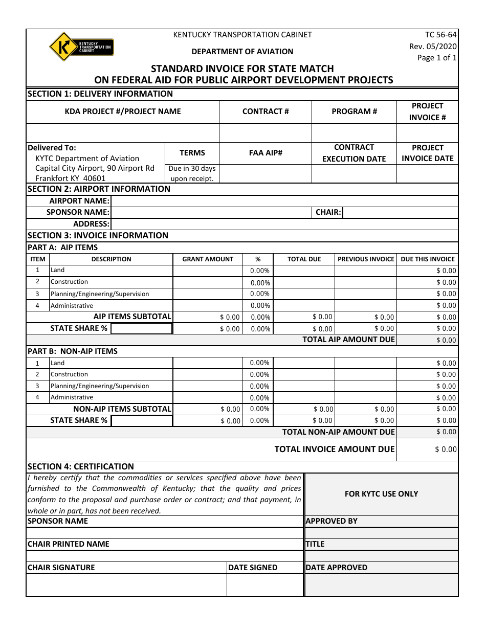 Form TC56-54 Standard Invoice for State Match on Federal Aid for Public Airport Development Projects - Kentucky, Page 1