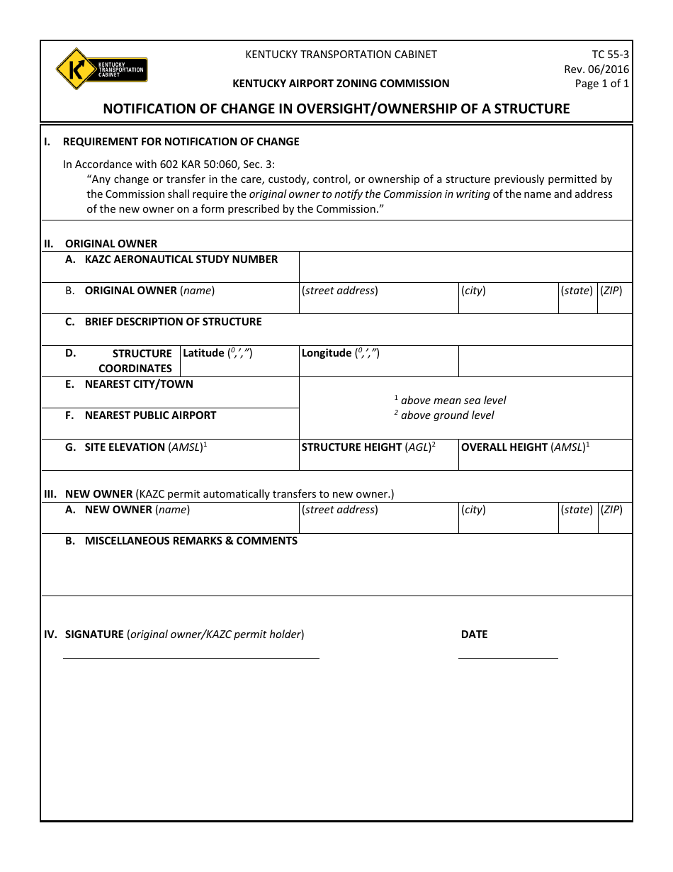 Form TC55-3 Notification of Change in Oversight / Ownership of a Structure - Kentucky, Page 1