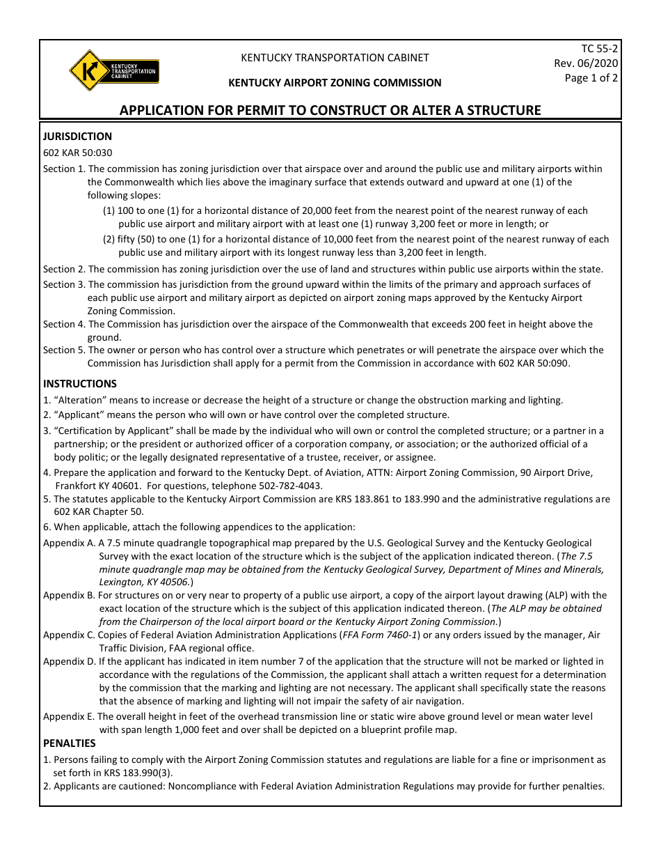 Form TC55-2 Application for Permit to Construct or Alter a Structure - Kentucky, Page 1