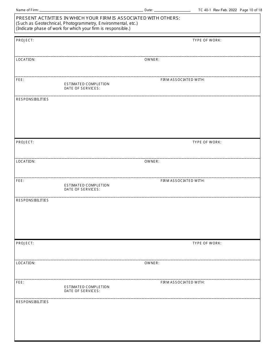Form TC40-1 Consulting Engineer and Related Services Prequalification Application - Kentucky, Page 10