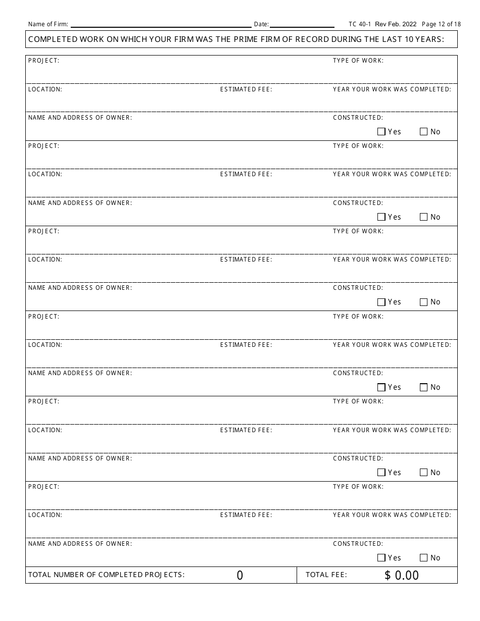 Form TC40-1 Consulting Engineer and Related Services Prequalification Application - Kentucky, Page 12