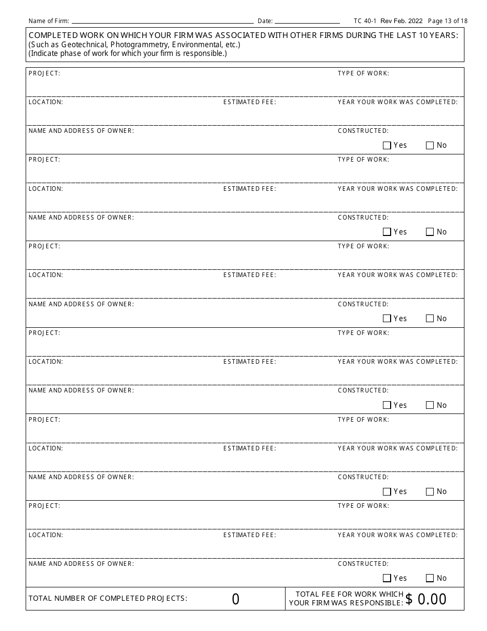 Form TC40-1 Consulting Engineer and Related Services Prequalification Application - Kentucky, Page 13