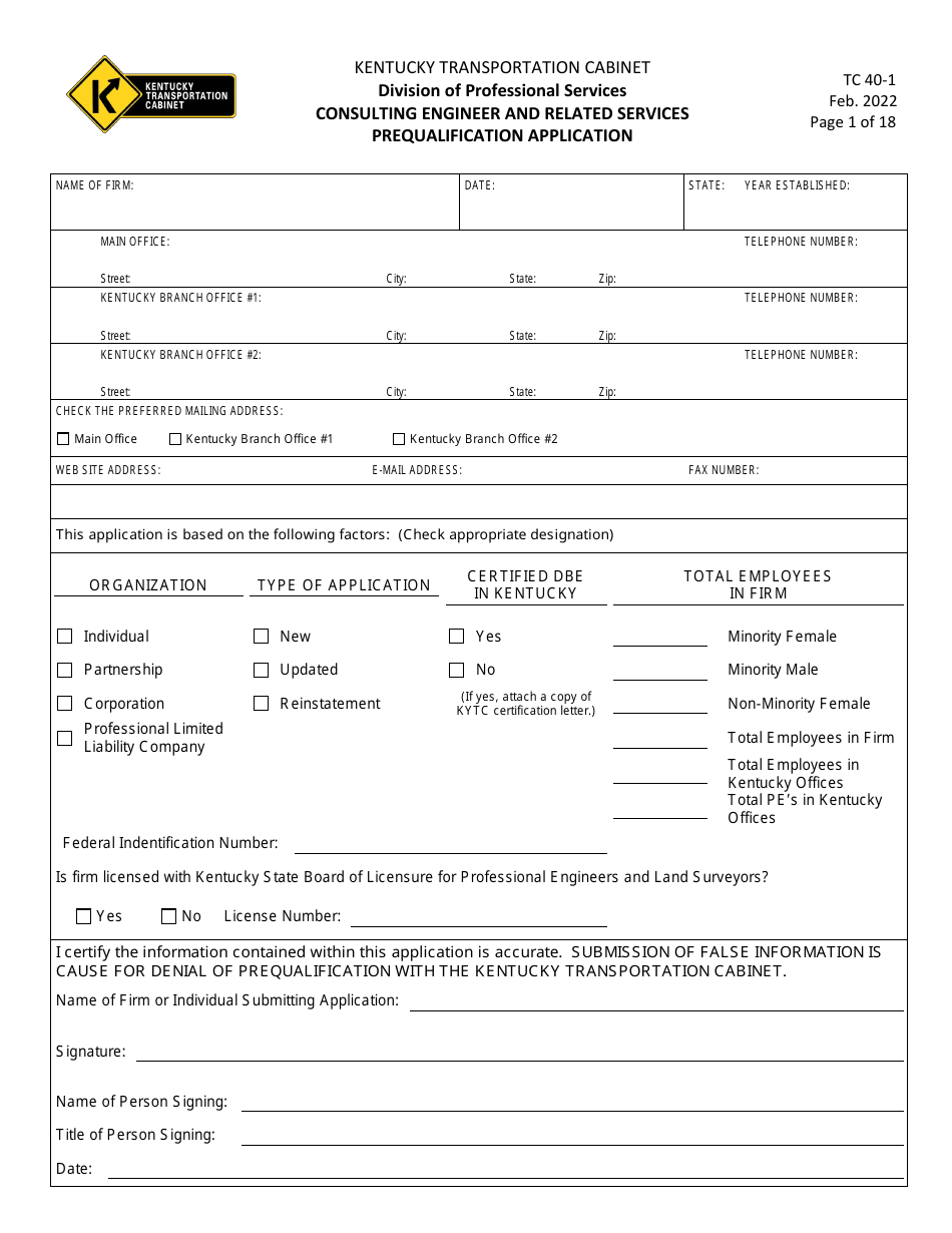 Form TC40-1 Consulting Engineer and Related Services Prequalification Application - Kentucky, Page 1