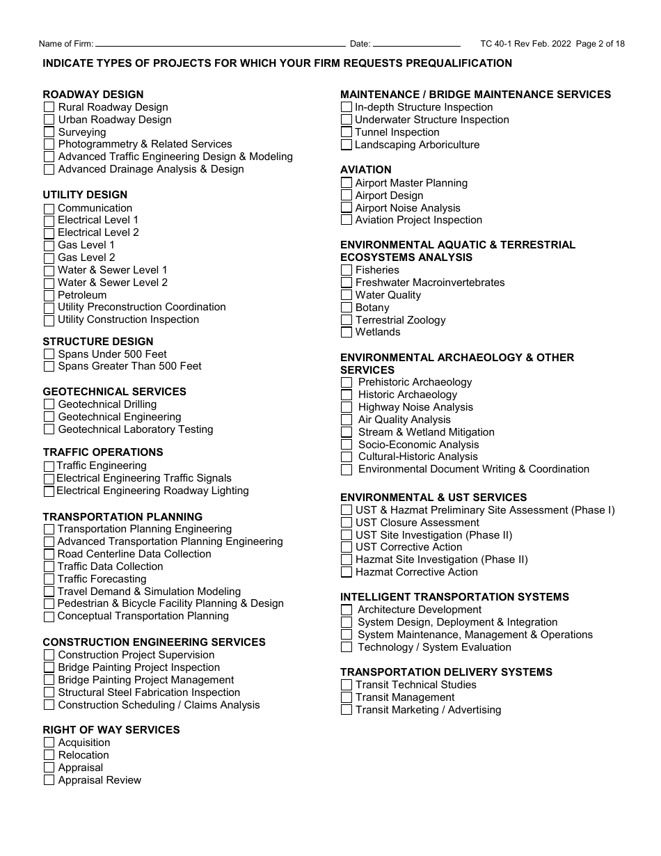Form TC40-1 Consulting Engineer and Related Services Prequalification Application - Kentucky, Page 2