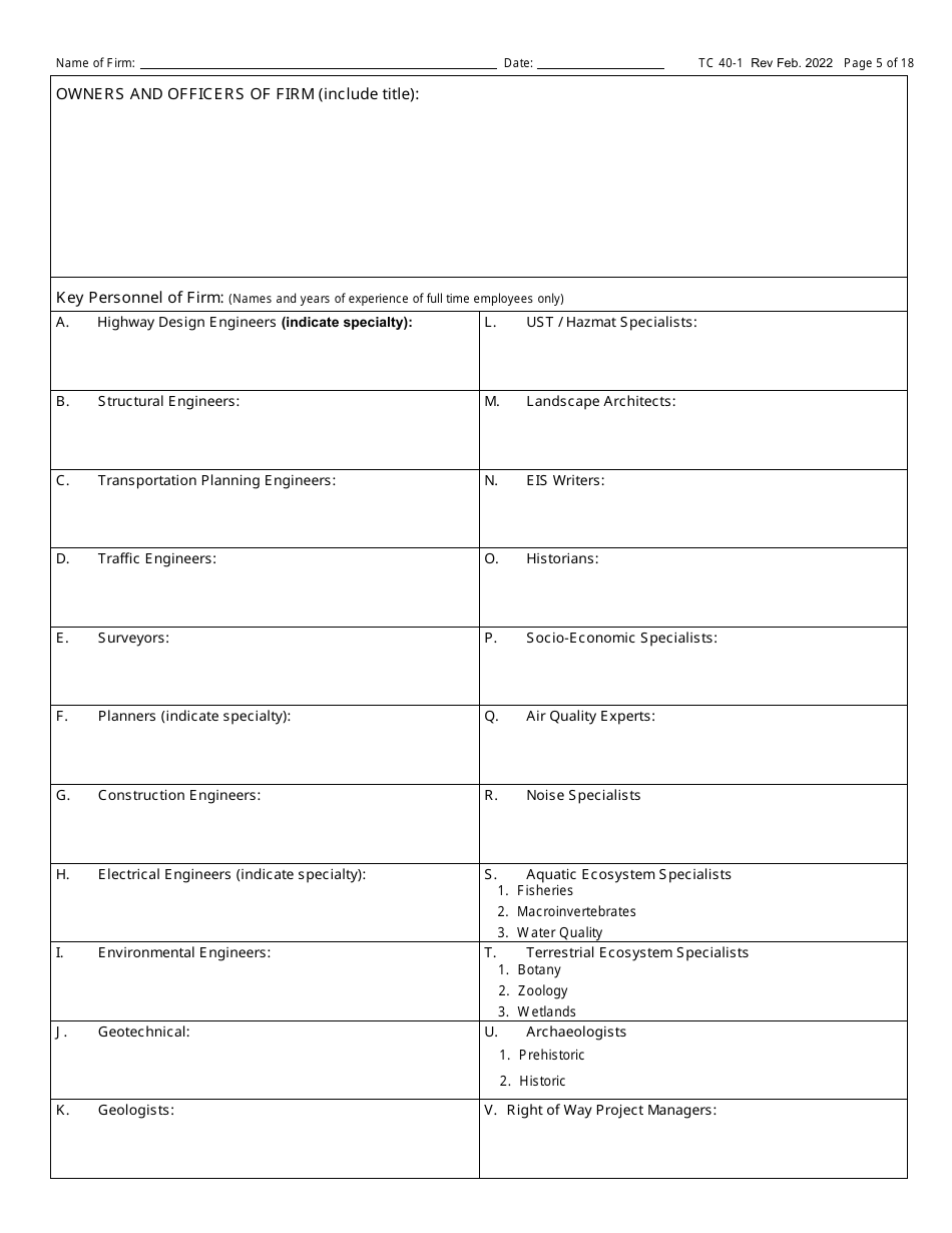 Form TC40-1 Consulting Engineer and Related Services Prequalification Application - Kentucky, Page 5