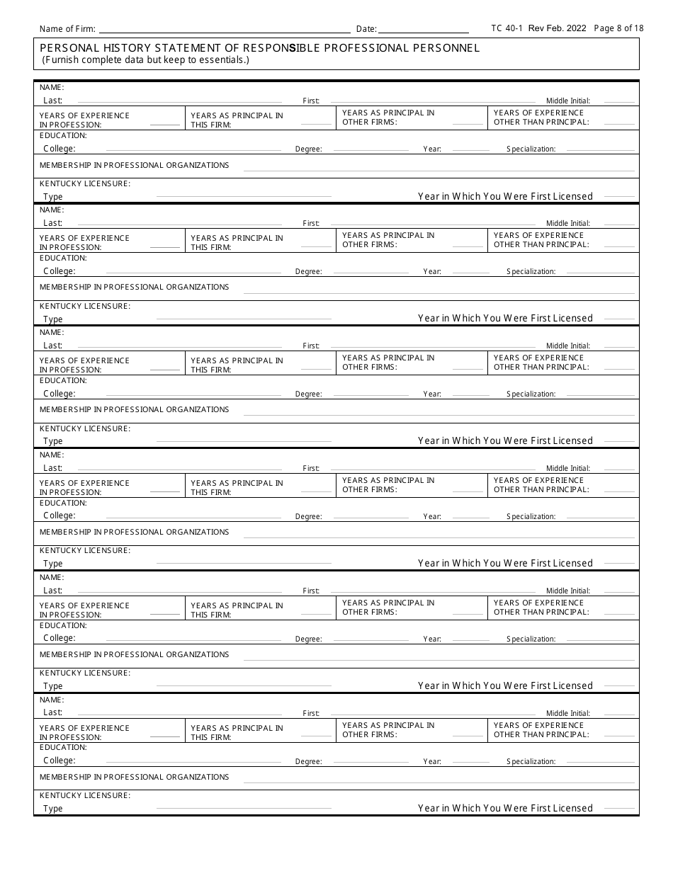 Form TC40-1 Consulting Engineer and Related Services Prequalification Application - Kentucky, Page 8
