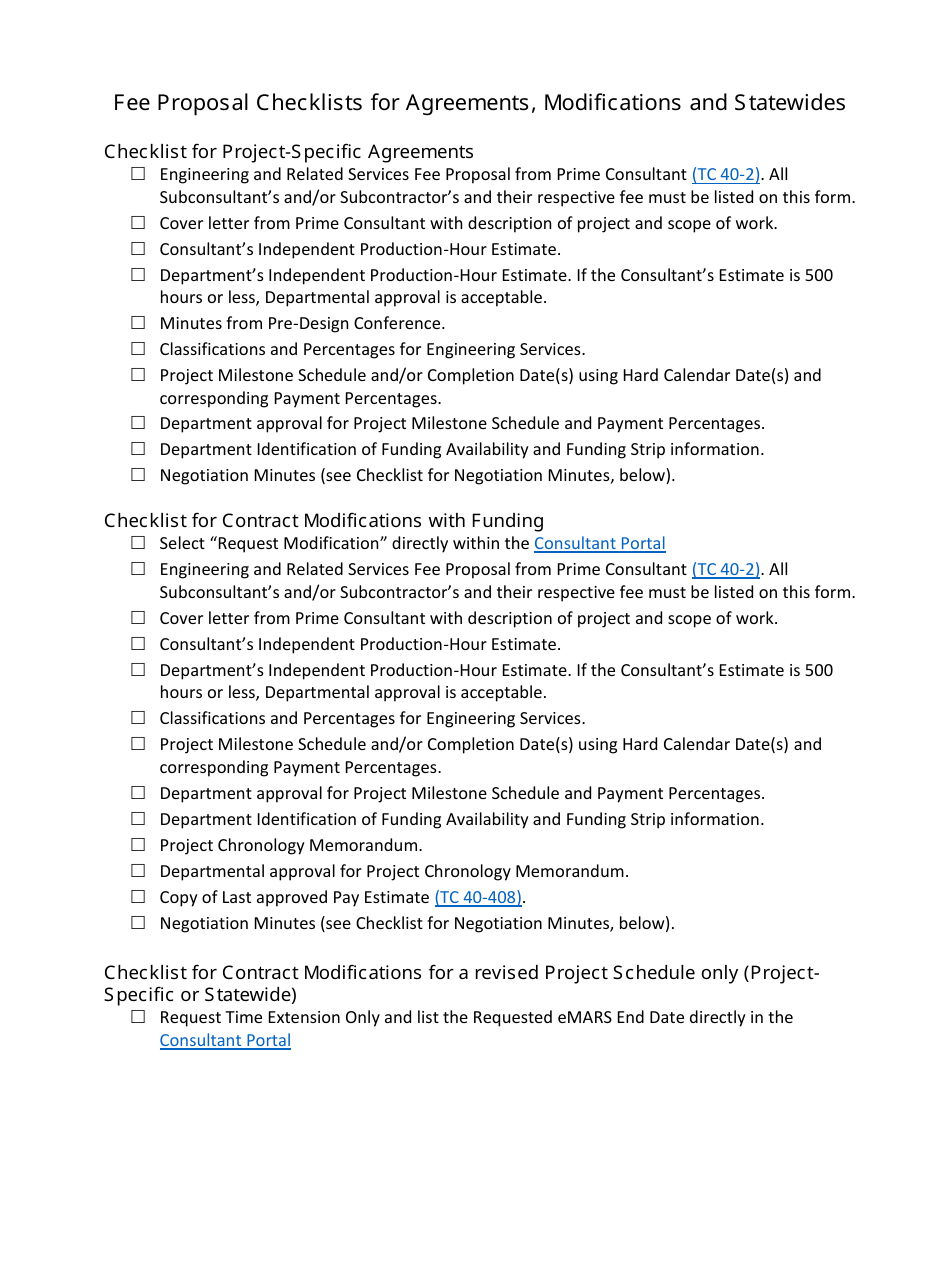 Fee Proposal Checklists for Agreements, Modifications and Statewides - Kentucky, Page 1