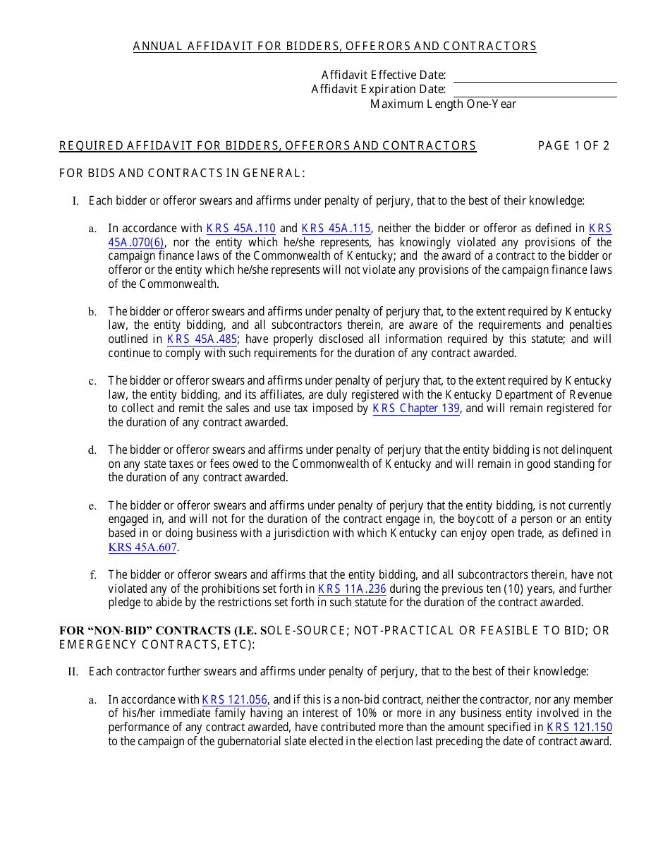 Annual Affidavit for Bidders, Offerors and Contractors - Kentucky, Page 1