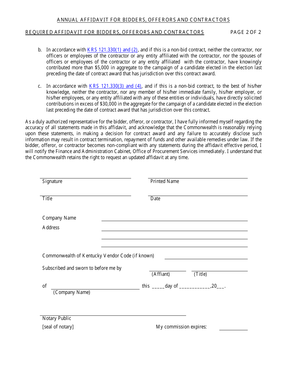 Kentucky Annual Affidavit for Bidders, Offerors and Contractors - Fill ...