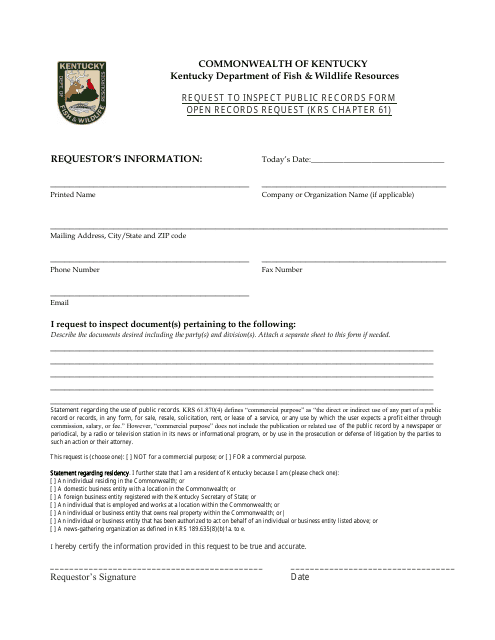 Document preview: Request to Inspect Public Records Form Open Records Request (Krs Chapter 61) - Kentucky