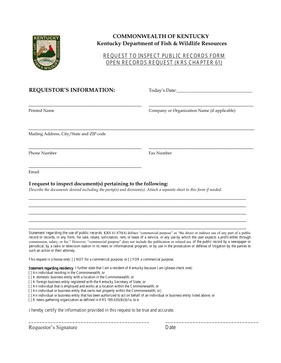 Kentucky Request To Inspect Public Records Form Open Records Request Krs Chapter 61 Fill Out 1029
