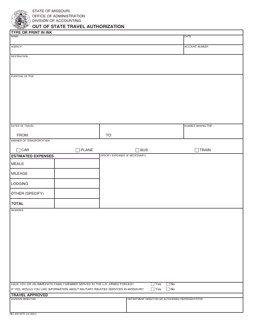 Form MO300-0072 Out of State Travel Authorization - Missouri