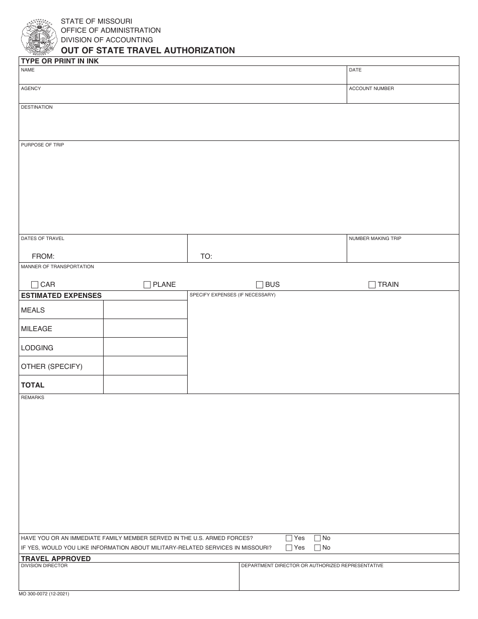 Form MO300-0072 Out of State Travel Authorization - Missouri, Page 1