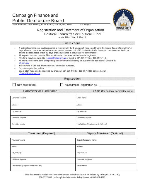 Registration and Statement of Organization Political Committee or Political Fund - Minnesota Download Pdf