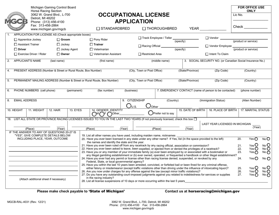 Form MGCB-RAL-4031 Occupational License Application - Michigan, Page 1