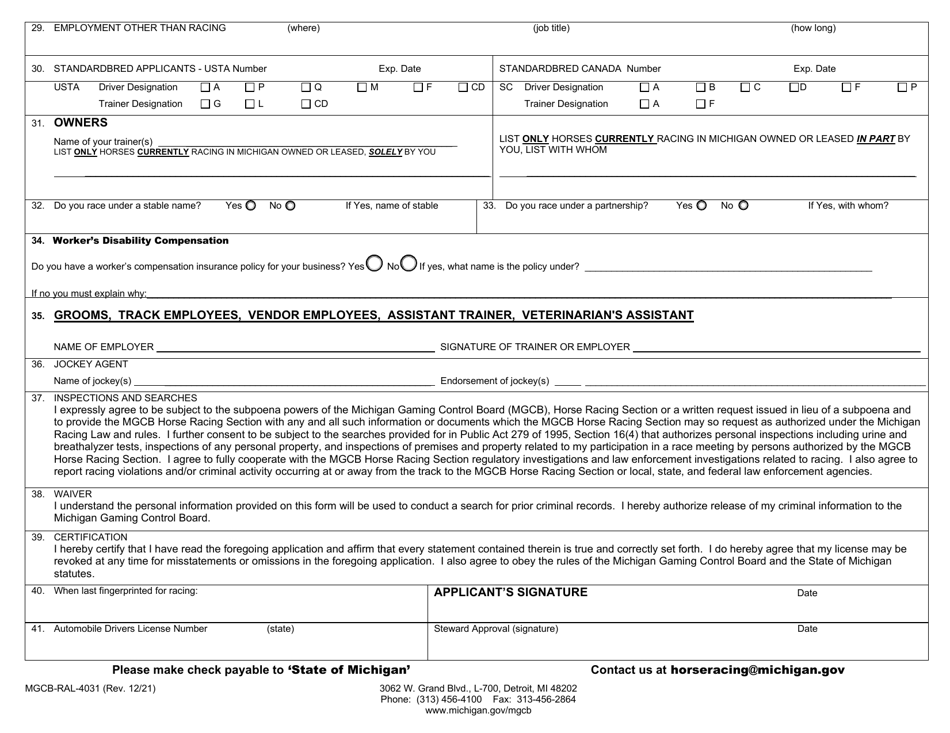 Form MGCB-RAL-4031 - Fill Out, Sign Online and Download Fillable PDF ...