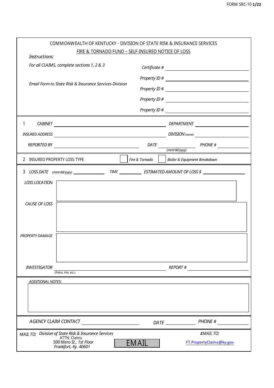 Form SRC-10 Fire  Tornado Fund - Self-insured Notice of Loss - Kentucky, Page 1