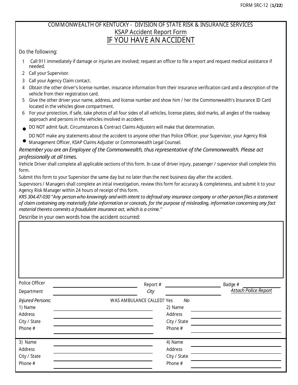 Form SRC-12 Ksap Accident Report Form - Kentucky, Page 1